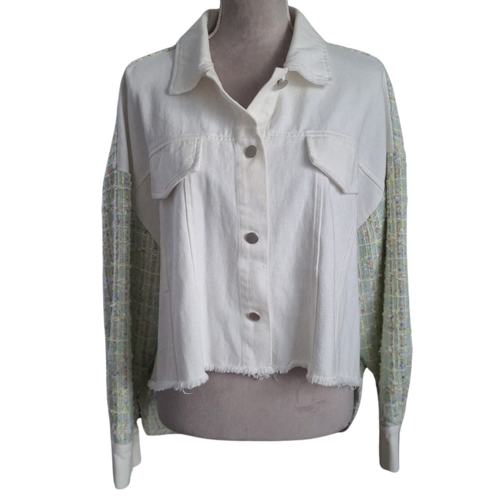 Preppy White Denim Cropped Jacket Dance & Marvel Tweed Sleeves Frayed Hem Sz S